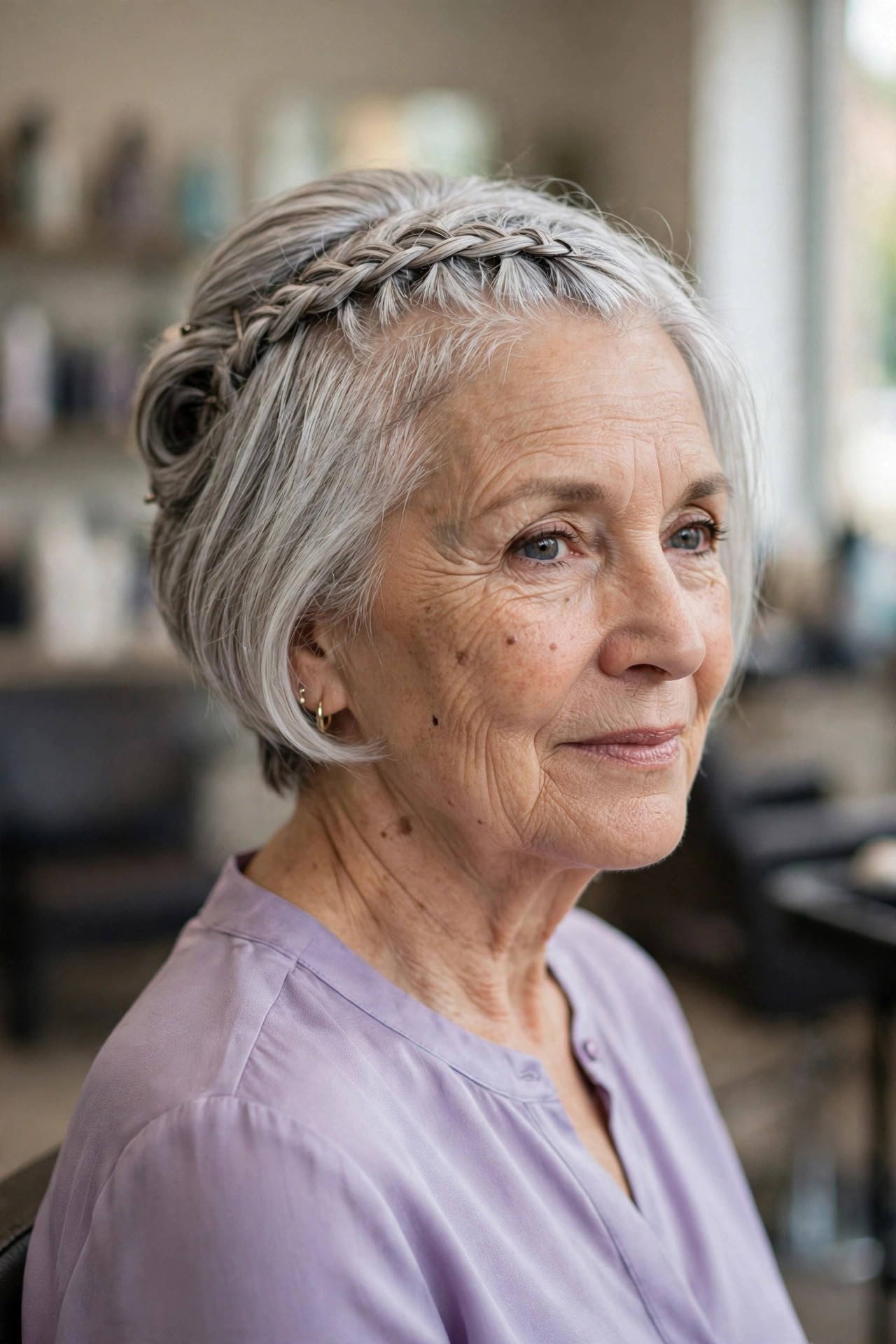 Braided Crown on Short Hair - elegant updo for short hair woman over 60