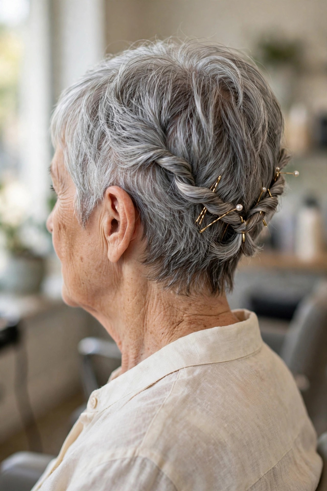 Twisted Halo for a Grown-Out Pixie - elegant updo for short hair woman over 60