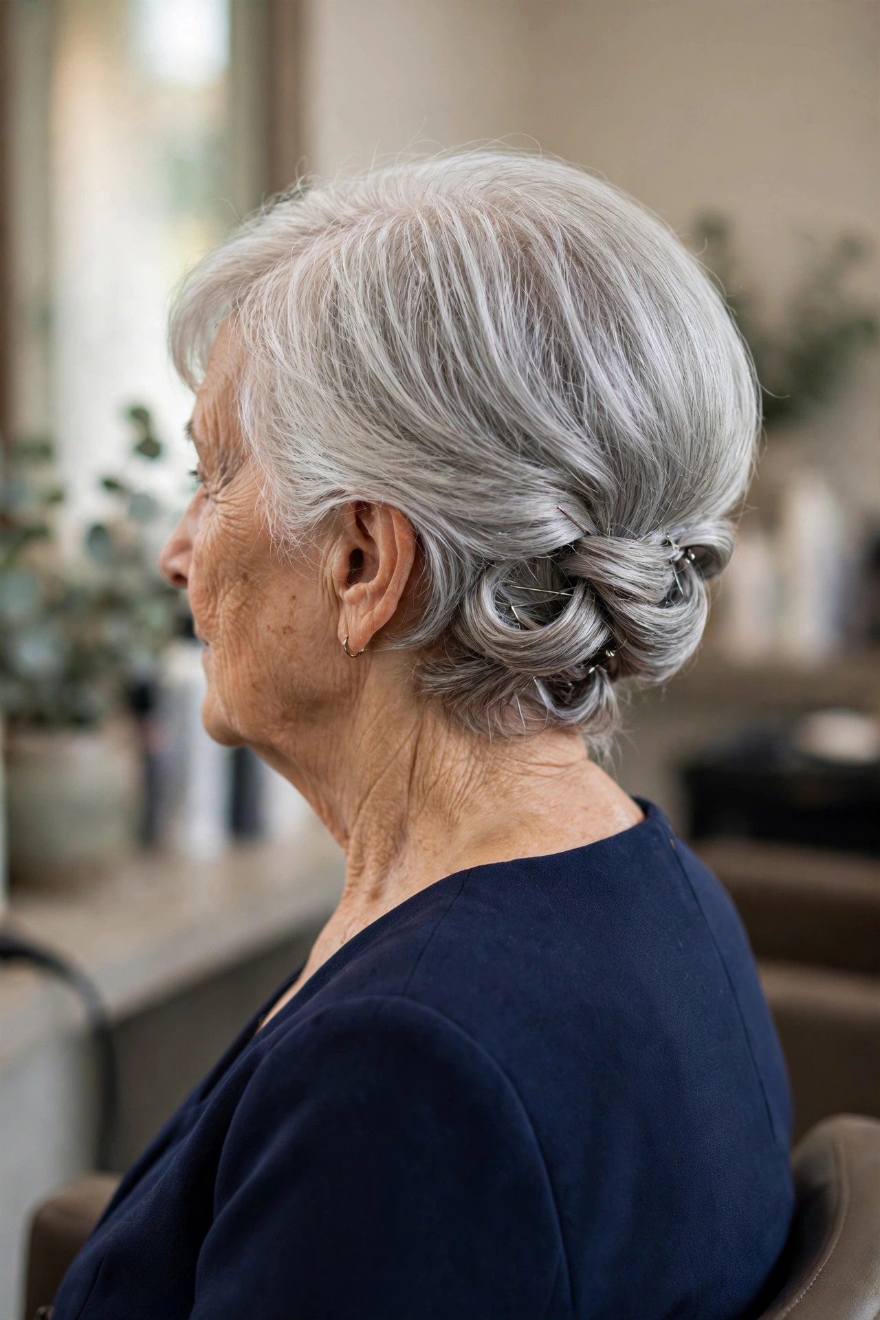Low Pinned Chignon Illusion - elegant updo for short hair woman over 60