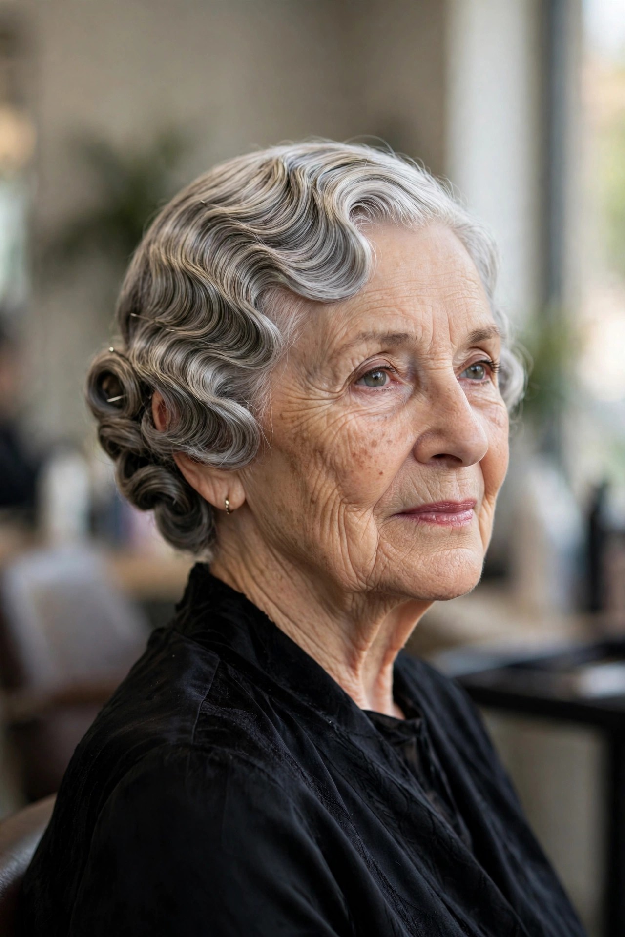 Vintage Finger Waves Pinned Up - elegant updo for short hair woman over 60