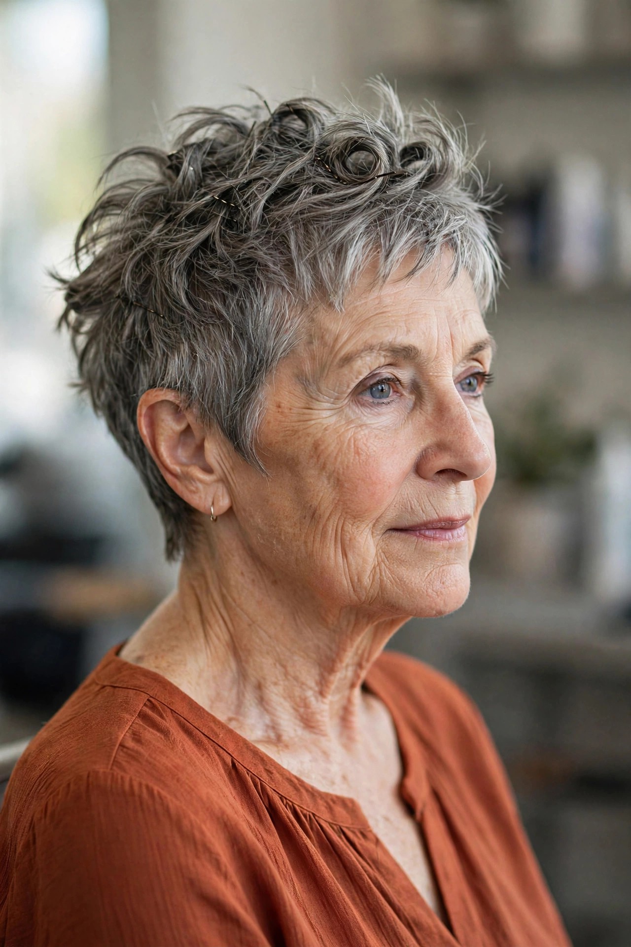 Tousled Pinned-Up Texture - elegant updo for short hair woman over 60