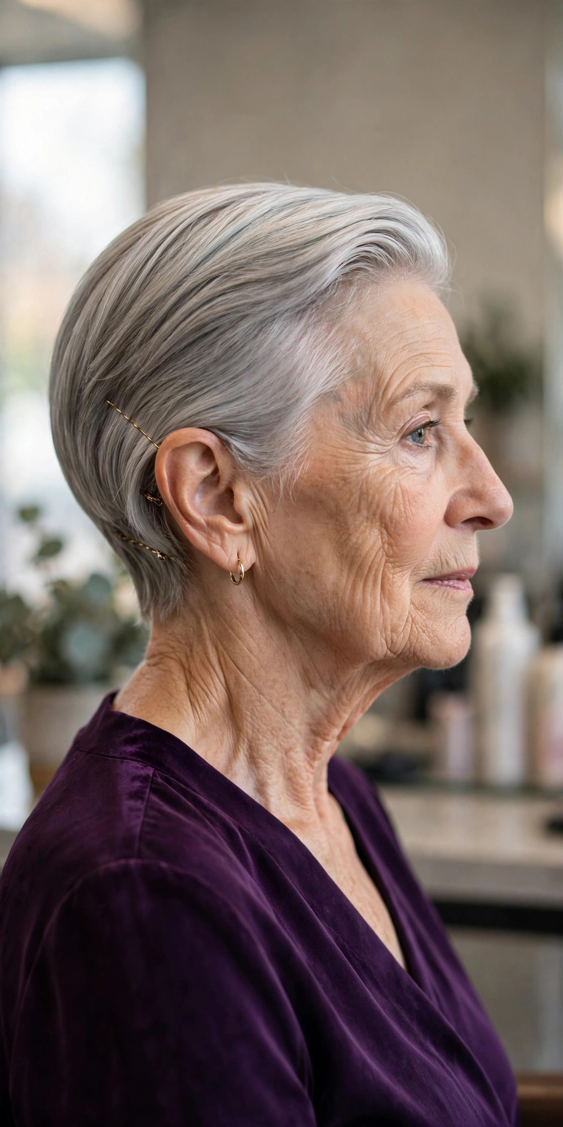 Sleek Swept-Back Evening Look - elegant updo for short hair woman over 60