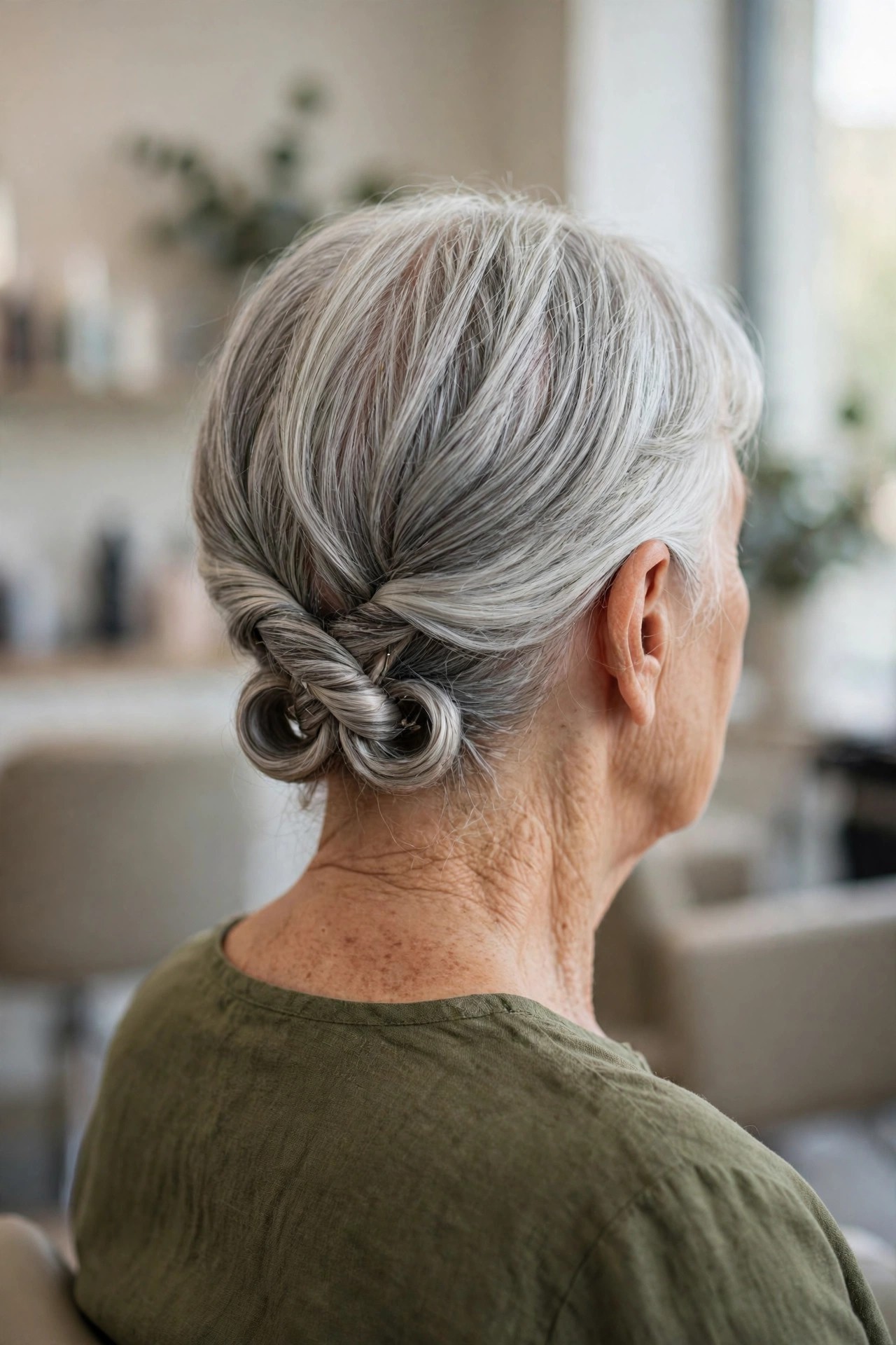 Double Twist Nape Roll - elegant updo for short hair woman over 60
