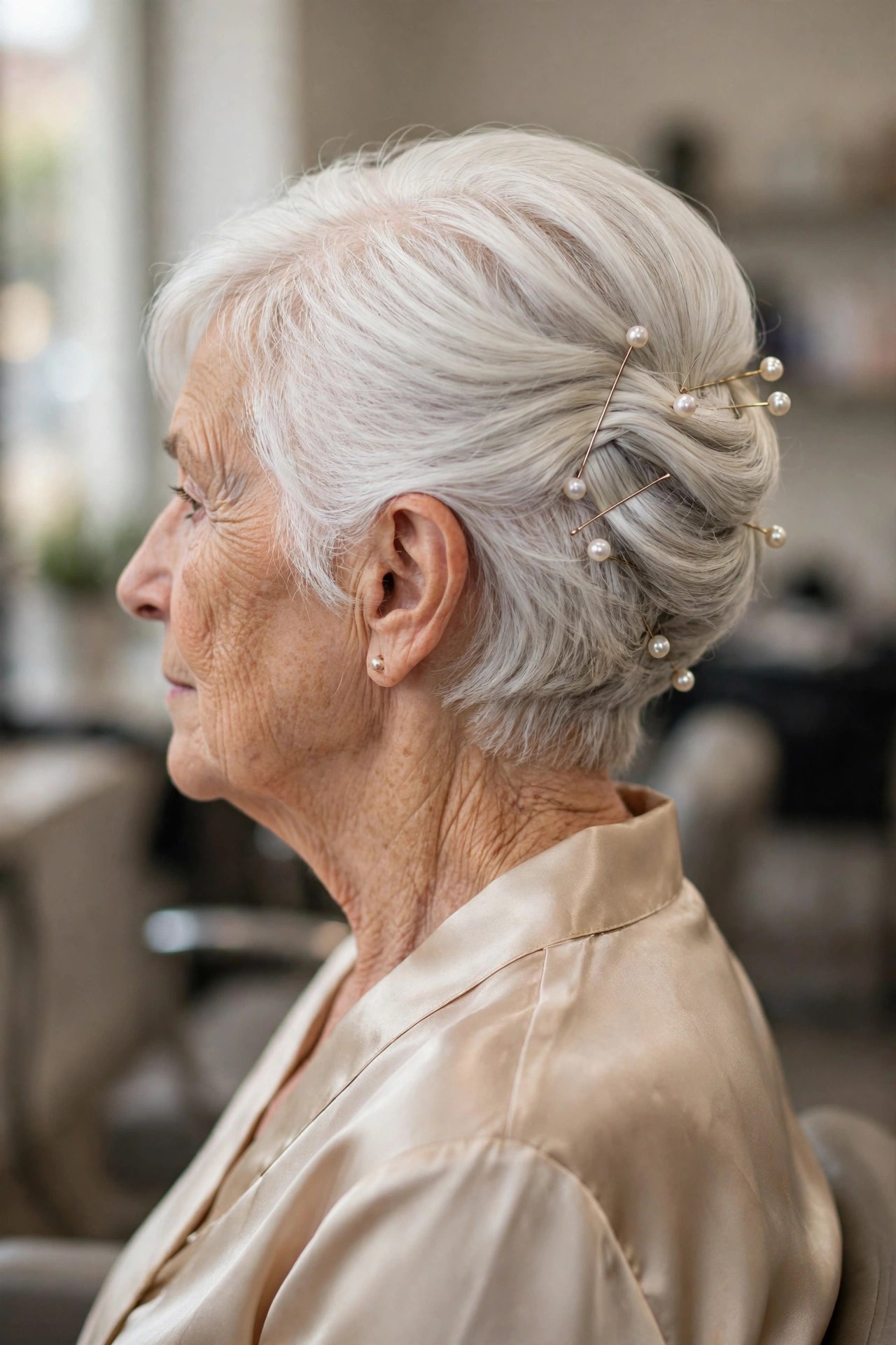 Pearl-Pin Accented Bob Updo - elegant updo for short hair woman over 60
