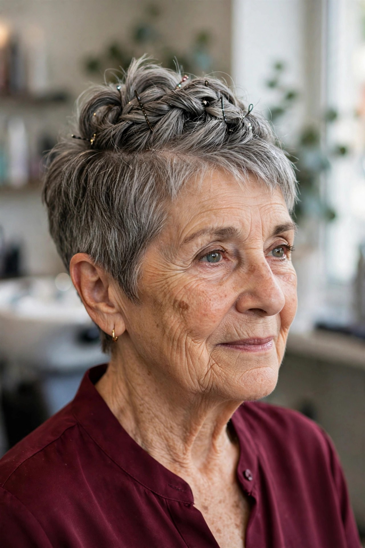 Twisted Crown Pixie Updo - elegant updo for short hair woman over 60