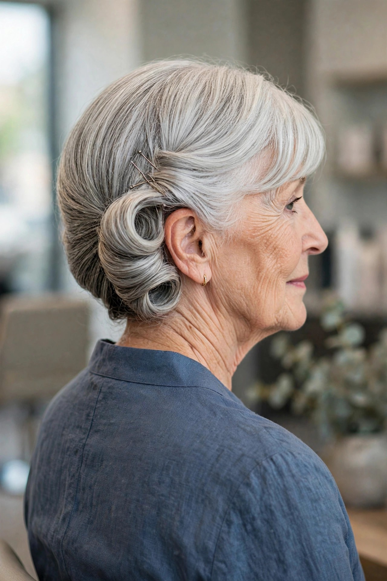 Elegant Side Roll with Soft Fringe - elegant updo for short hair woman over 60