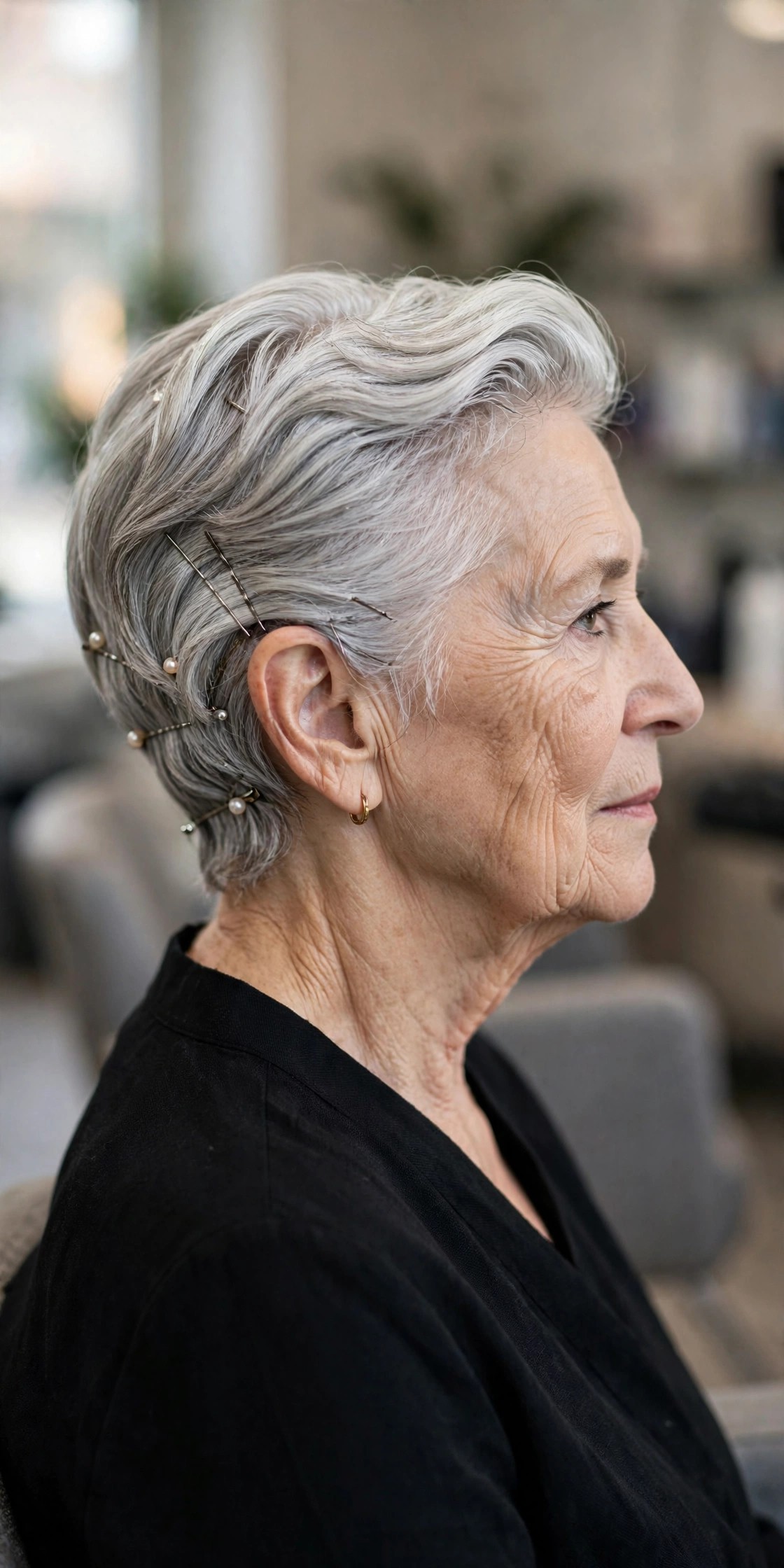 Pinned-Back Swept Elegance - elegant updo for short hair woman over 60