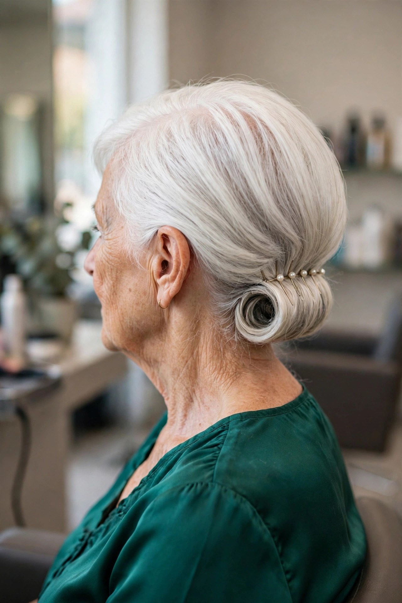 Rolled Nape Bob Updo - elegant updo for short hair woman over 60