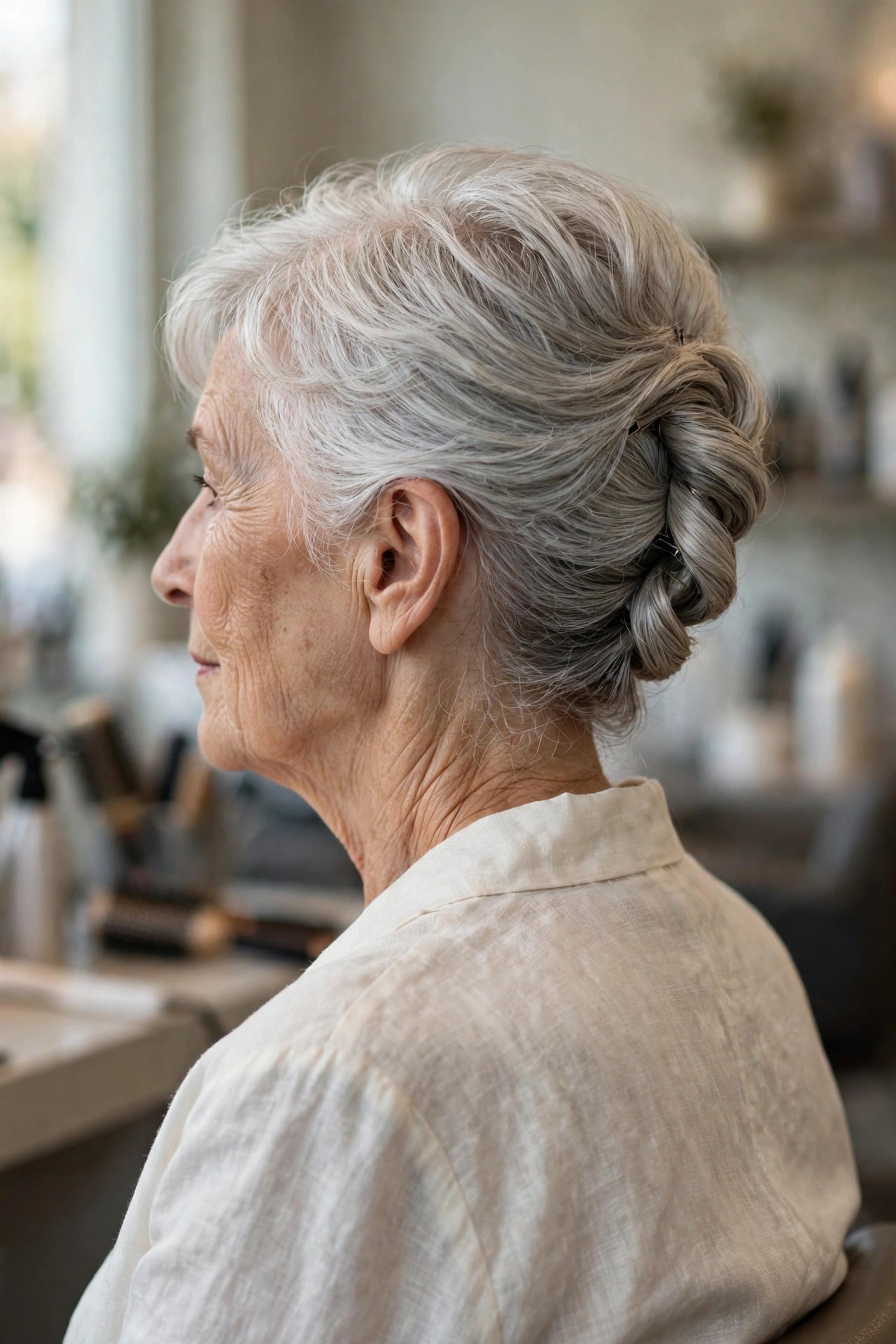 Soft French Twist for a Short Bob - elegant updo for short hair woman over 60