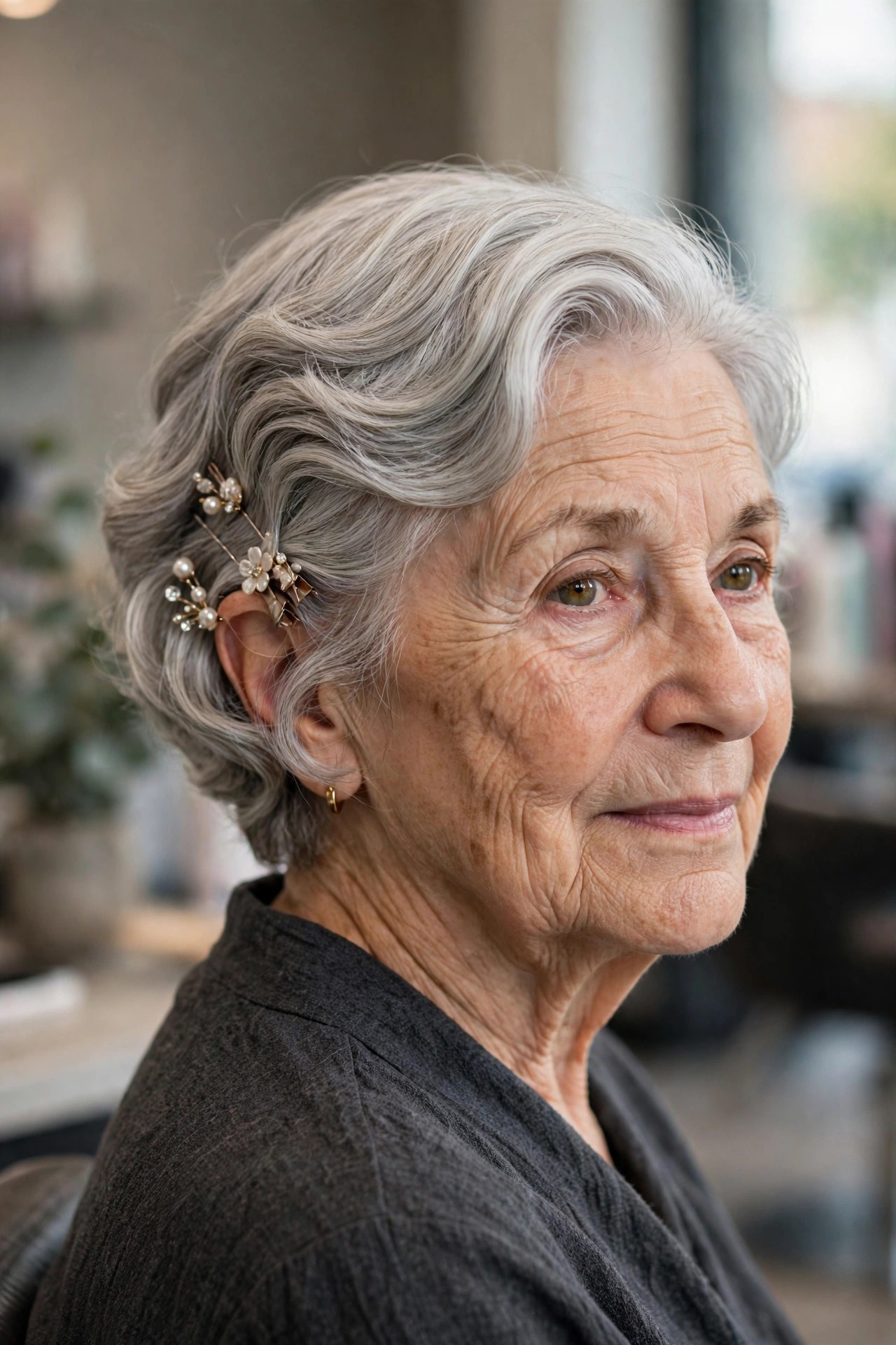 Side-Swept Pinned Waves - elegant updo for short hair woman over 60