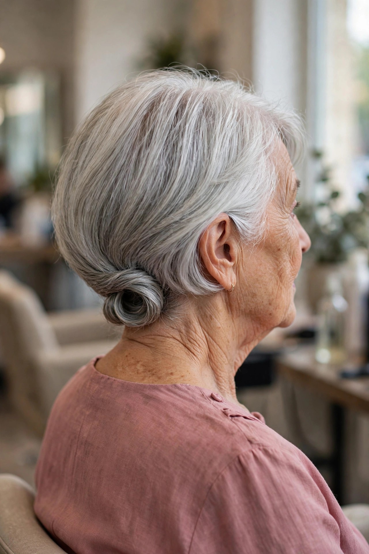 Gibson Tuck for a Chin-Length Bob - elegant updo for short hair woman over 60