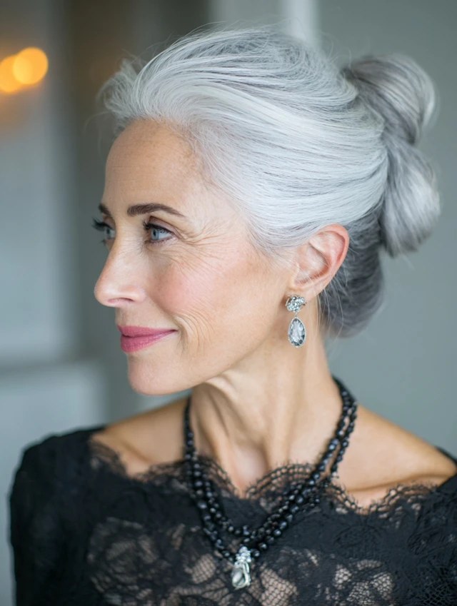 Woman over 70 with smooth Crown Bun — elegant wedding hairstyle for grandmothers over 70 inspiration for women over 70