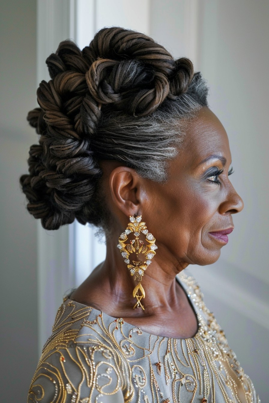 Woman over 70 with braided Crown Updo — elegant wedding hairstyle for grandmothers over 70 inspiration for women over 70
