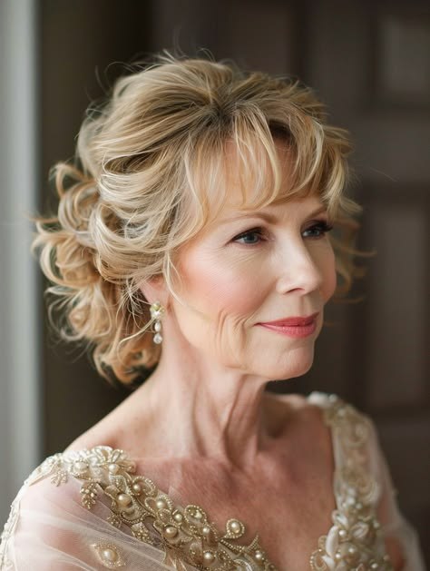 Woman over 70 with vintage Roll With Soft Bangs — elegant wedding hairstyle for grandmothers over 70 inspiration for women over 70