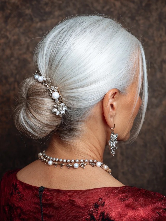 Woman over 70 with low Twisted Bun With a Pearl Comb — elegant wedding hairstyle for grandmothers over 70 inspiration for women over 70