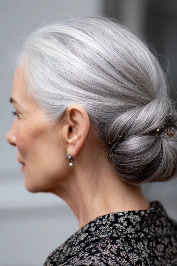 Woman over 70 with side-Parted Low Twist — elegant wedding hairstyle for grandmothers over 70 inspiration for women over 70