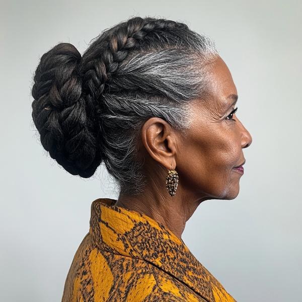 Woman over 70 with graceful Top-Knot Bun — elegant wedding hairstyle for grandmothers over 70 inspiration for women over 70