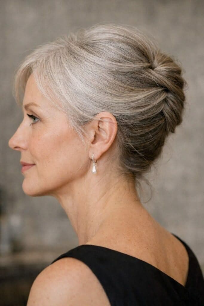 Woman over 70 with soft Silver French Twist — elegant wedding hairstyle for grandmothers over 70 inspiration for women over 70