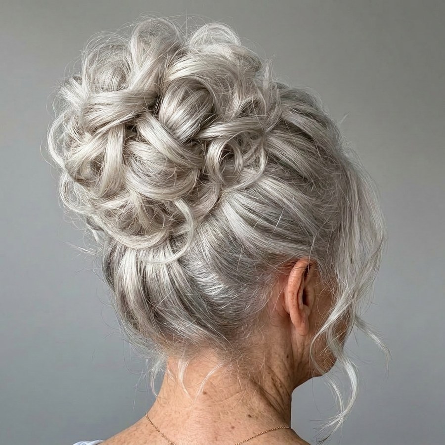 Woman over 70 with timeless Pin-Curl Chignon — elegant wedding hairstyle for grandmothers over 70 inspiration for women over 70