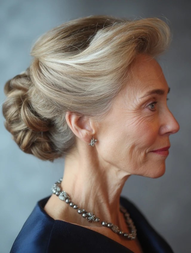 Woman over 70 with polished Low Bun With a Side Part — elegant wedding hairstyle for grandmothers over 70 inspiration for women over 70