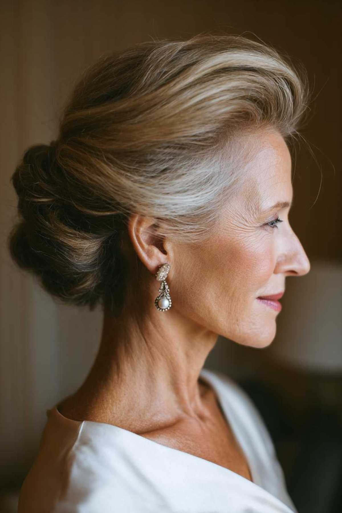 Woman over 70 with classic French Roll — elegant wedding hairstyle for grandmothers over 70 inspiration for women over 70