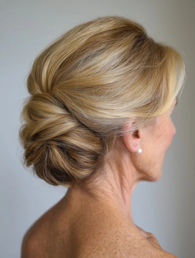 Woman over 70 with gentle Gibson Tuck — elegant wedding hairstyle for grandmothers over 70 inspiration for women over 70