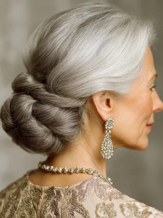 Woman over 70 with twisted Low Knot — elegant wedding hairstyle for grandmothers over 70 inspiration for women over 70