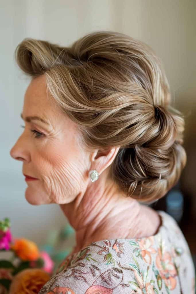 Woman over 70 with elegant Rolled Updo — elegant wedding hairstyle for grandmothers over 70 inspiration for women over 70