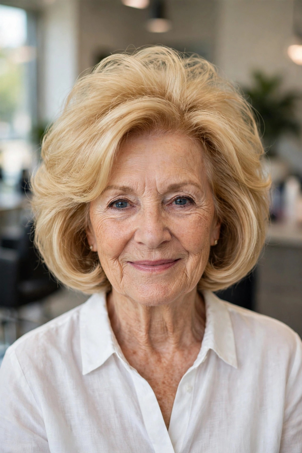 Blowout Bob with Root Lift - face-lifting haircut on a woman over 60