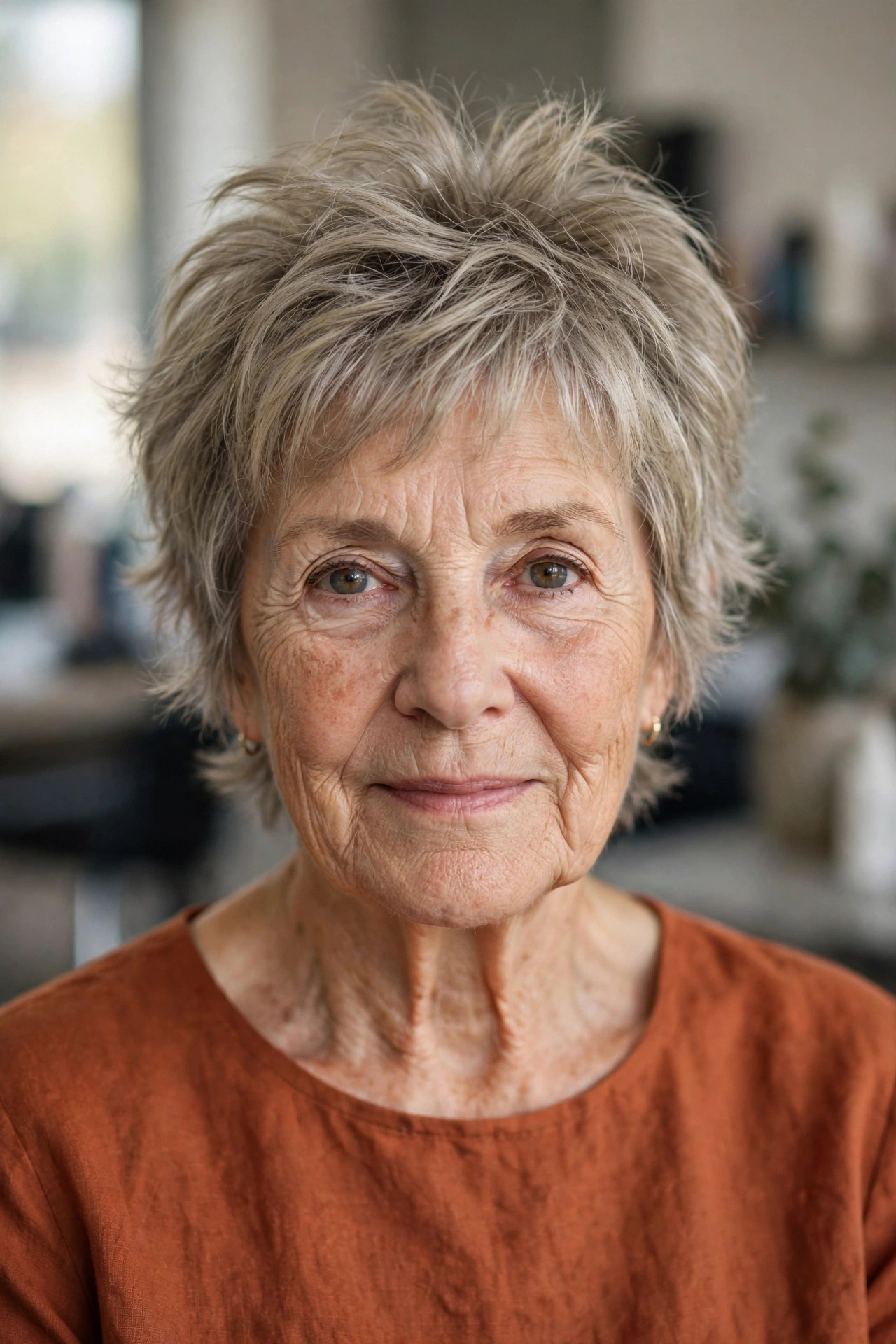Short Shag with Lifted Top Layers - face-lifting haircut on a woman over 60