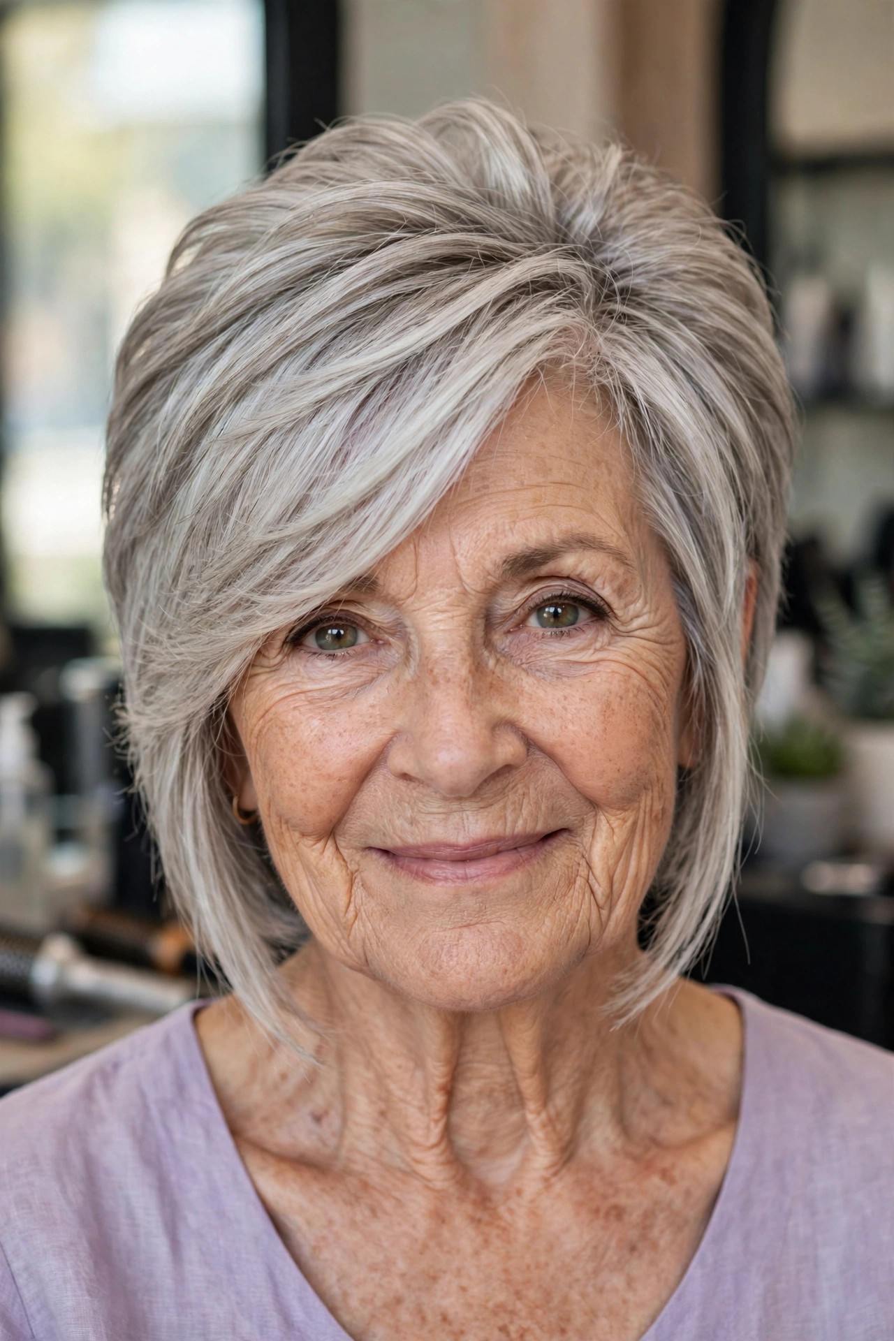 Pixie-Bob with Side-Swept Fringe and Crown Height - face-lifting haircut on a woman over 60