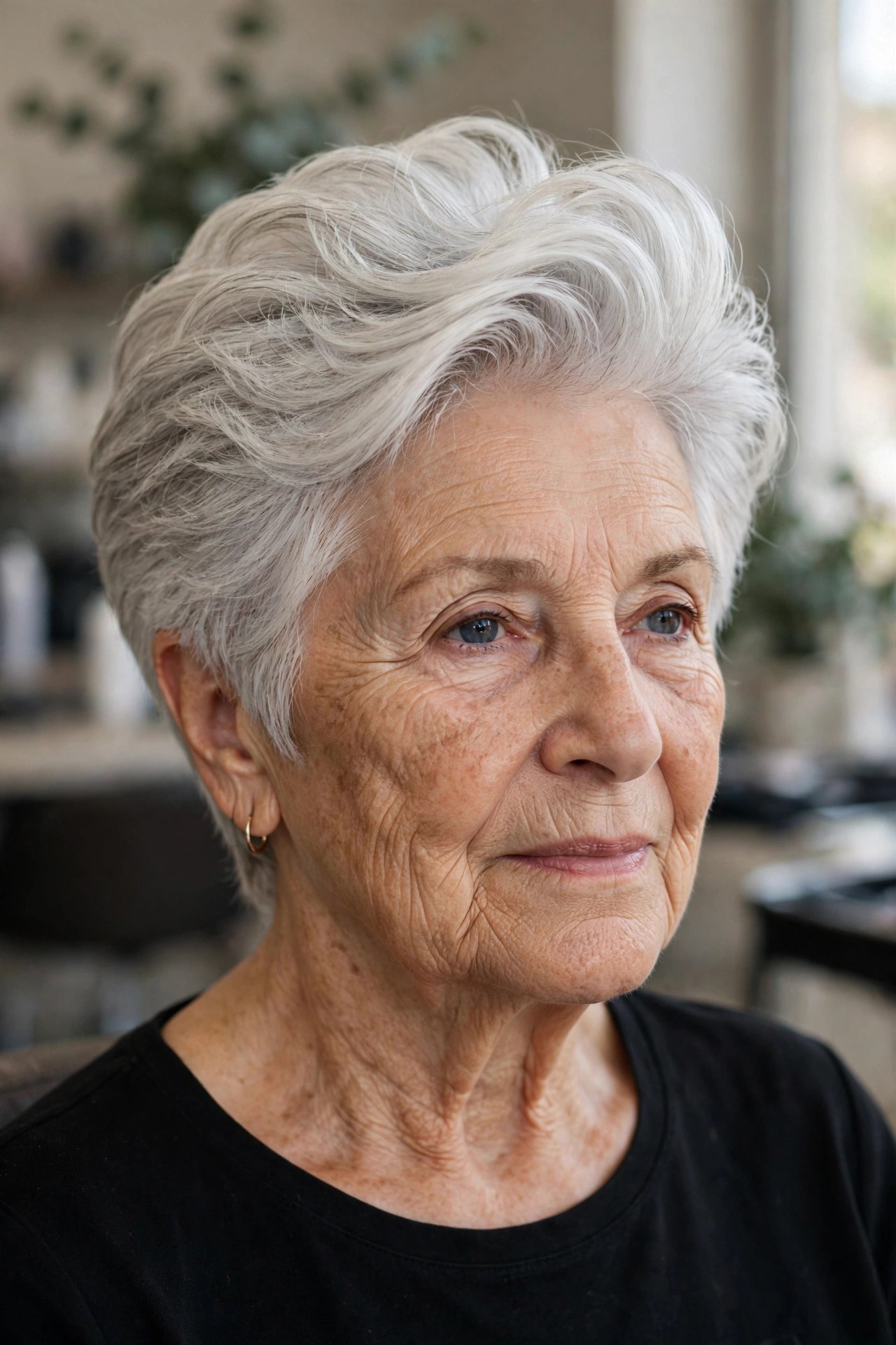 Voluminous Layered Crop with a Swept-Up Top - face-lifting haircut on a woman over 60