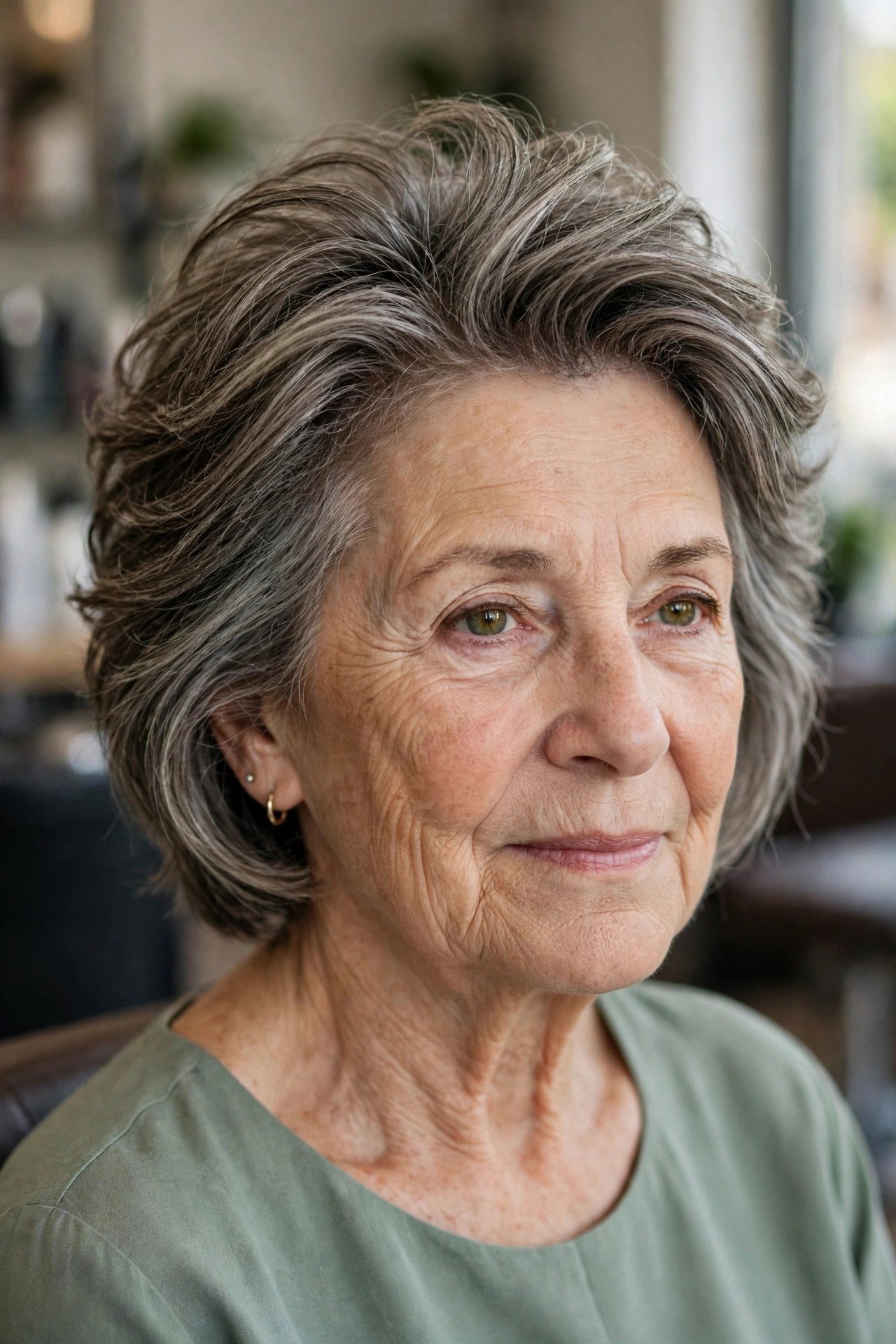 Feathered Layers Swept Up and Back - face-lifting haircut on a woman over 60