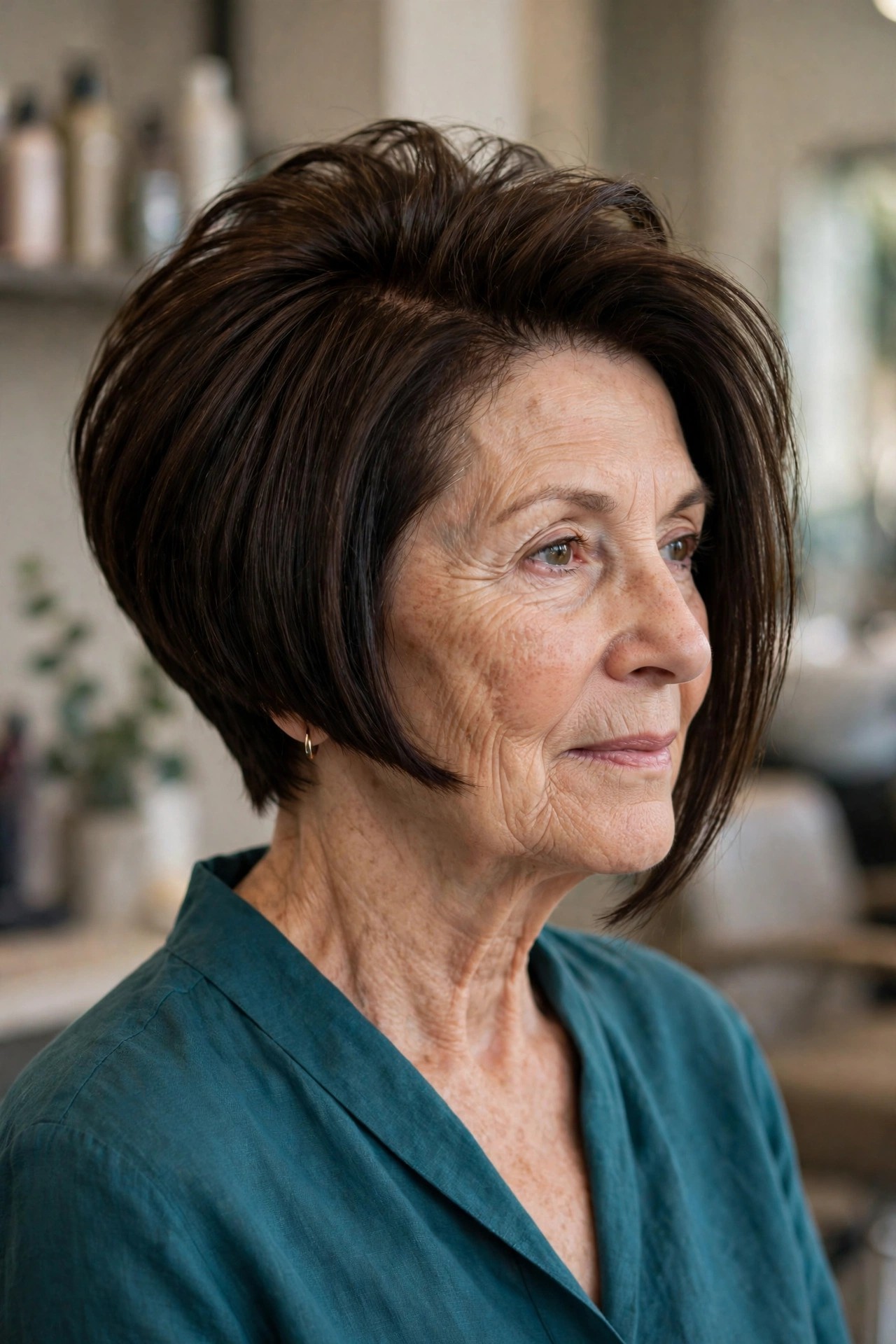 A-Line Bob with a High Stacked Nape - face-lifting haircut on a woman over 60