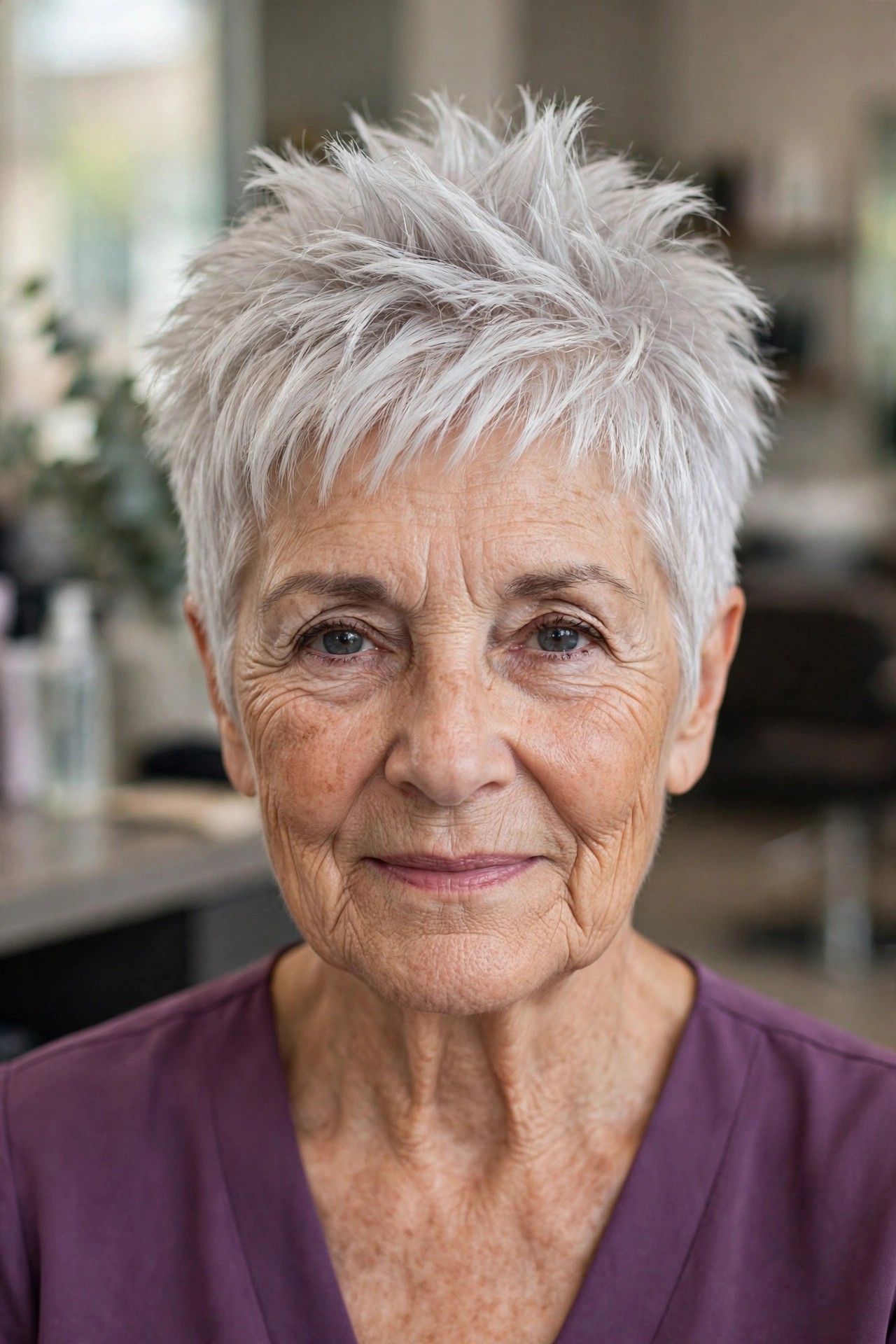 Textured Pixie with Upward Crown Texture - face-lifting haircut on a woman over 60