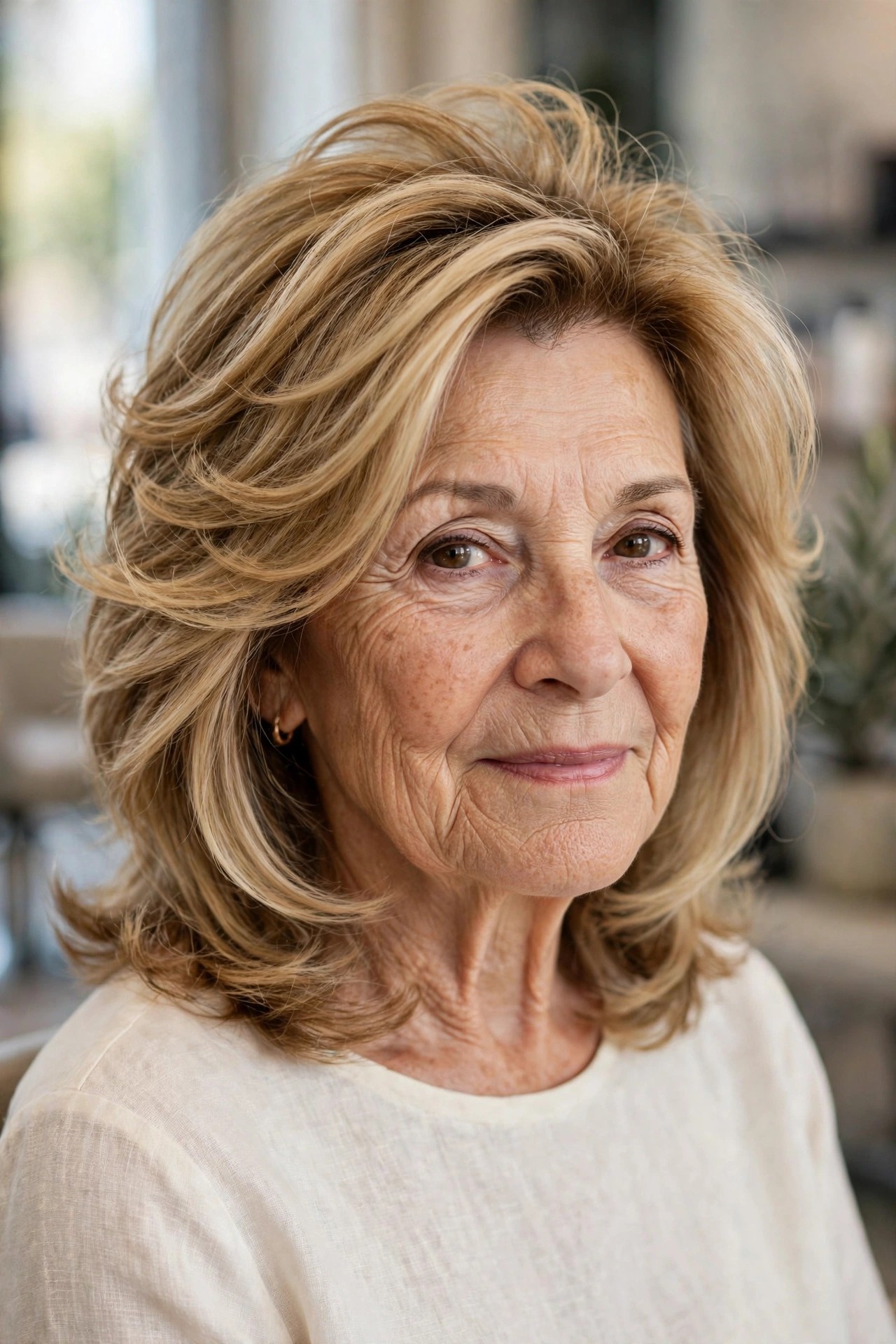 Layered Lob with Upswept Face-Framing - face-lifting haircut on a woman over 60