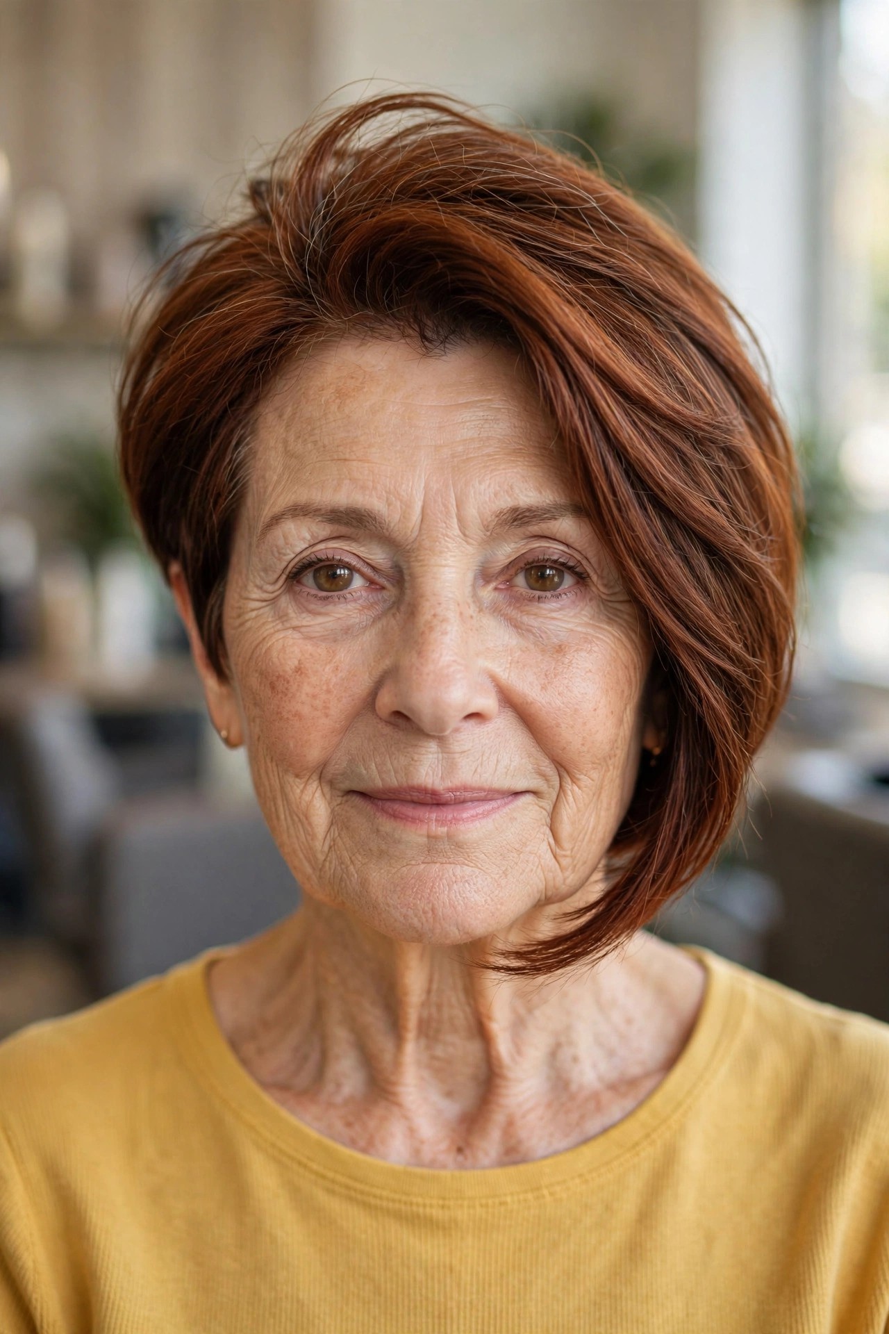 Asymmetric Bob with Diagonal Lines - face-lifting haircut on a woman over 60