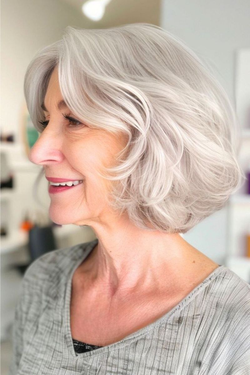 Woman over 70 with a smooth layered white bob in profile — face-lifting haircut with soft layers for women over 70