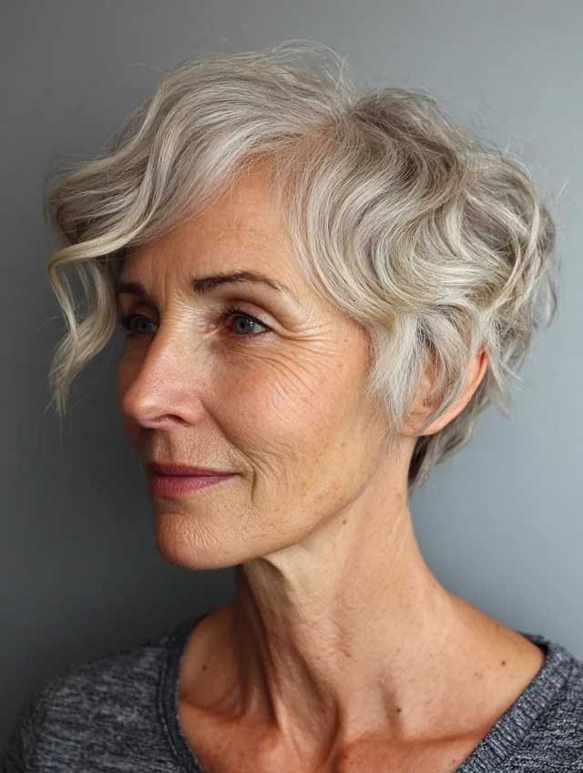 Woman over 70 with a short wavy layers with crown lift — face-lifting haircut with soft layers for women over 70