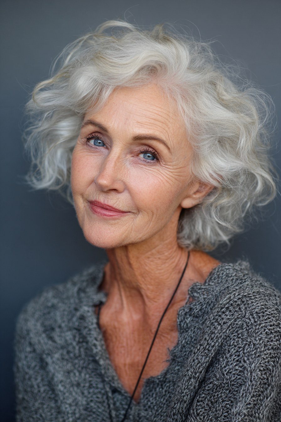 Woman over 70 with a curly white layers with soft height — face-lifting haircut with soft layers for women over 70