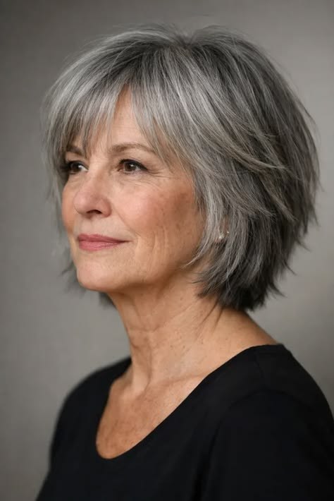 Woman over 70 with a chin-length layered bob with movement — face-lifting haircut with soft layers for women over 70