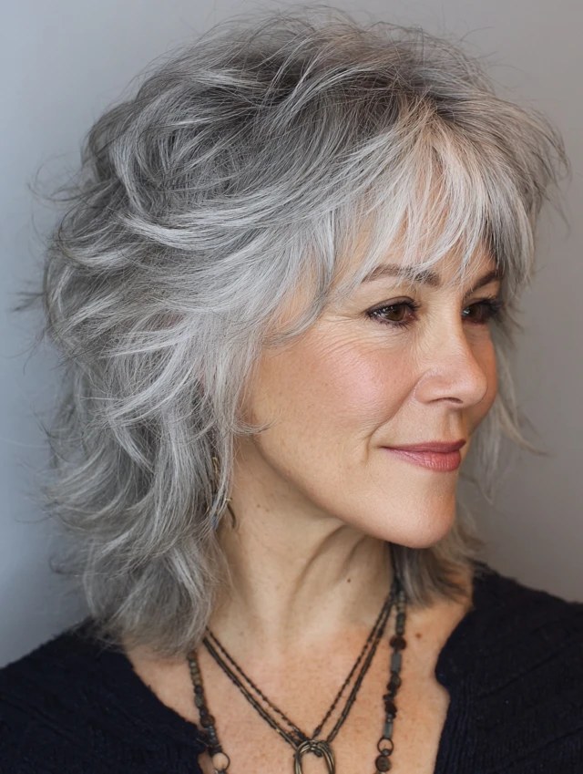 Woman over 70 with a long layered shag in profile — face-lifting haircut with soft layers for women over 70