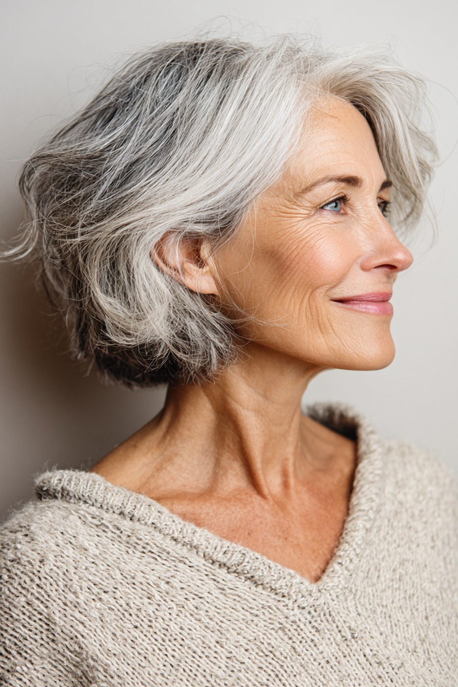 Woman over 70 with a layered bob with a lifted back in profile — face-lifting haircut with soft layers for women over 70