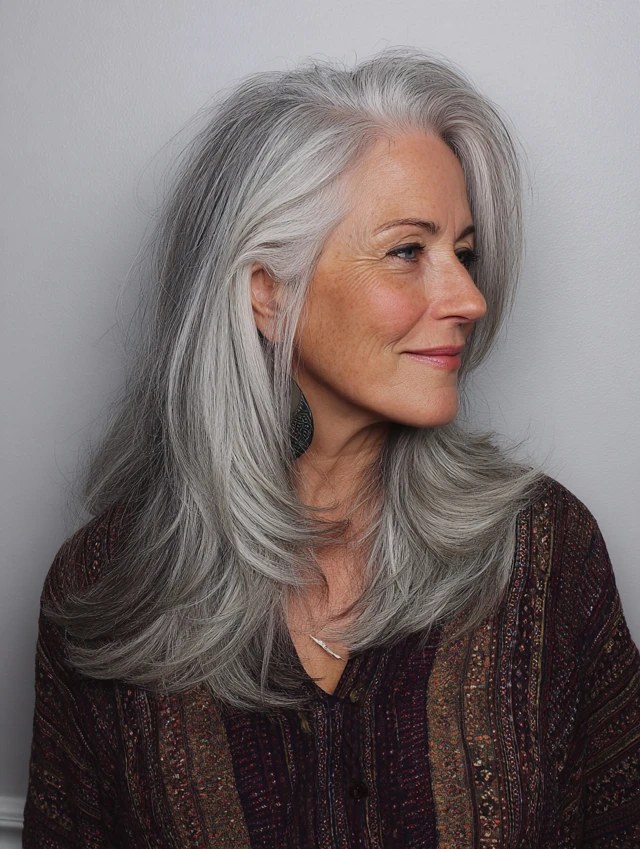 Woman over 70 with a long silver layers in profile — face-lifting haircut with soft layers for women over 70