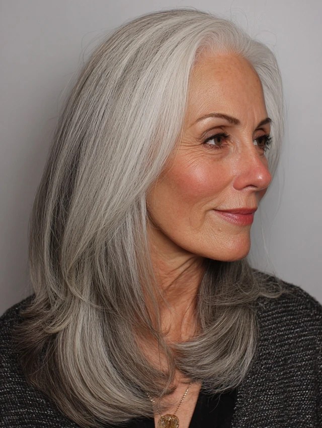 Woman over 70 with a long layered silver hair in profile — face-lifting haircut with soft layers for women over 70
