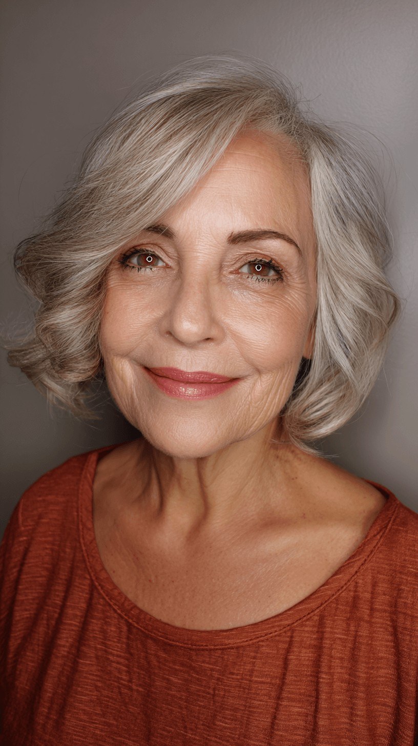 Woman over 70 with a wavy layered bob with soft ends — face-lifting haircut with soft layers for women over 70