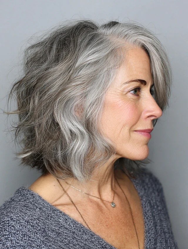 Woman over 70 with a shoulder-skimming wavy layers in profile — face-lifting haircut with soft layers for women over 70