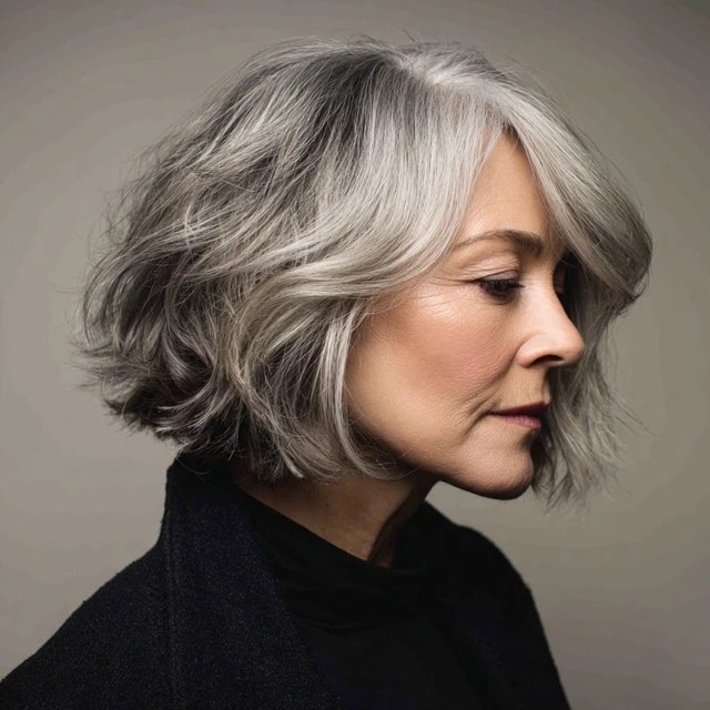 Woman over 70 with a layered silver bob with a deep side part — face-lifting haircut with soft layers for women over 70