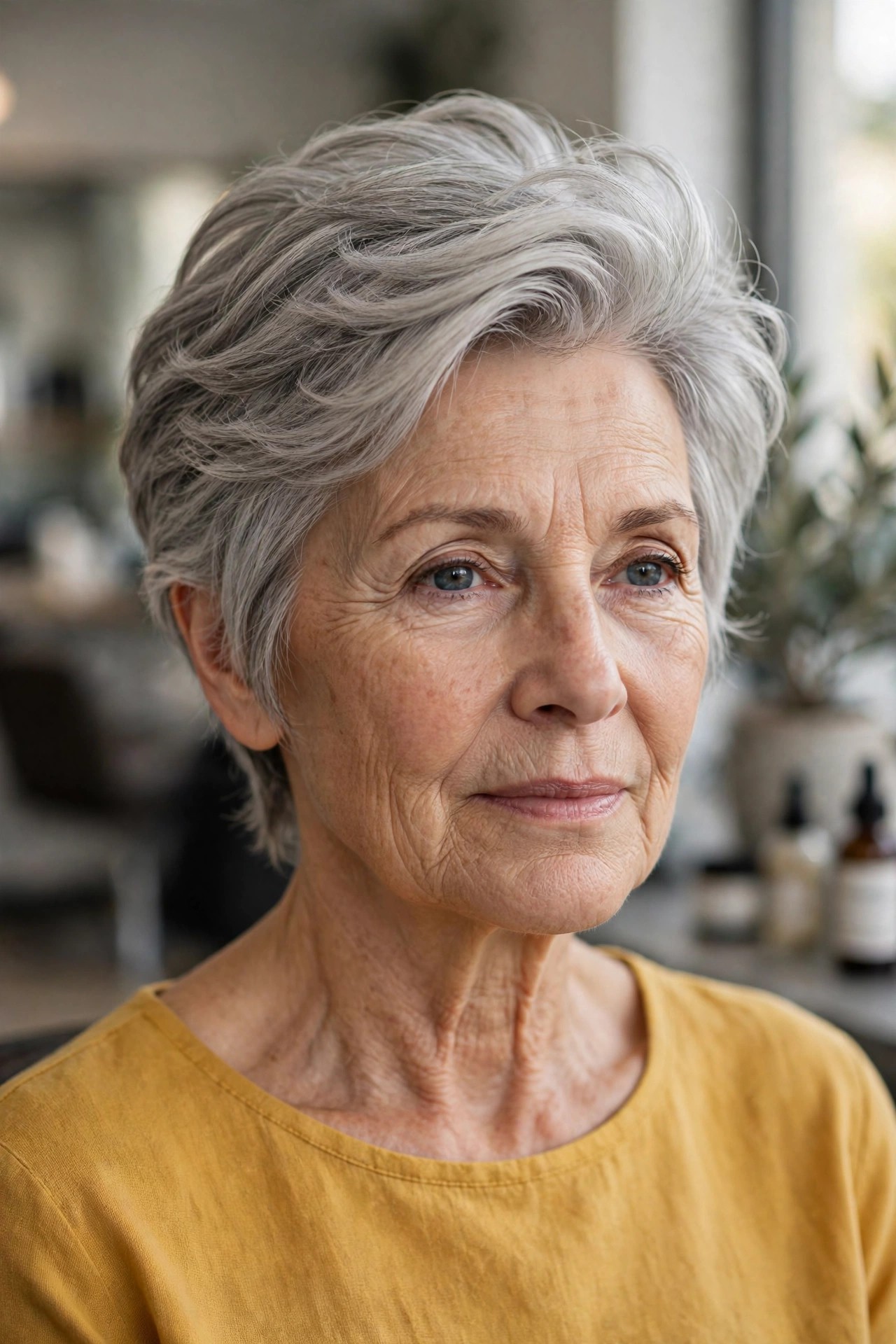 Feathered Pixie-Bob with Long Top Layers - feathered haircut for a woman over 60 with volume