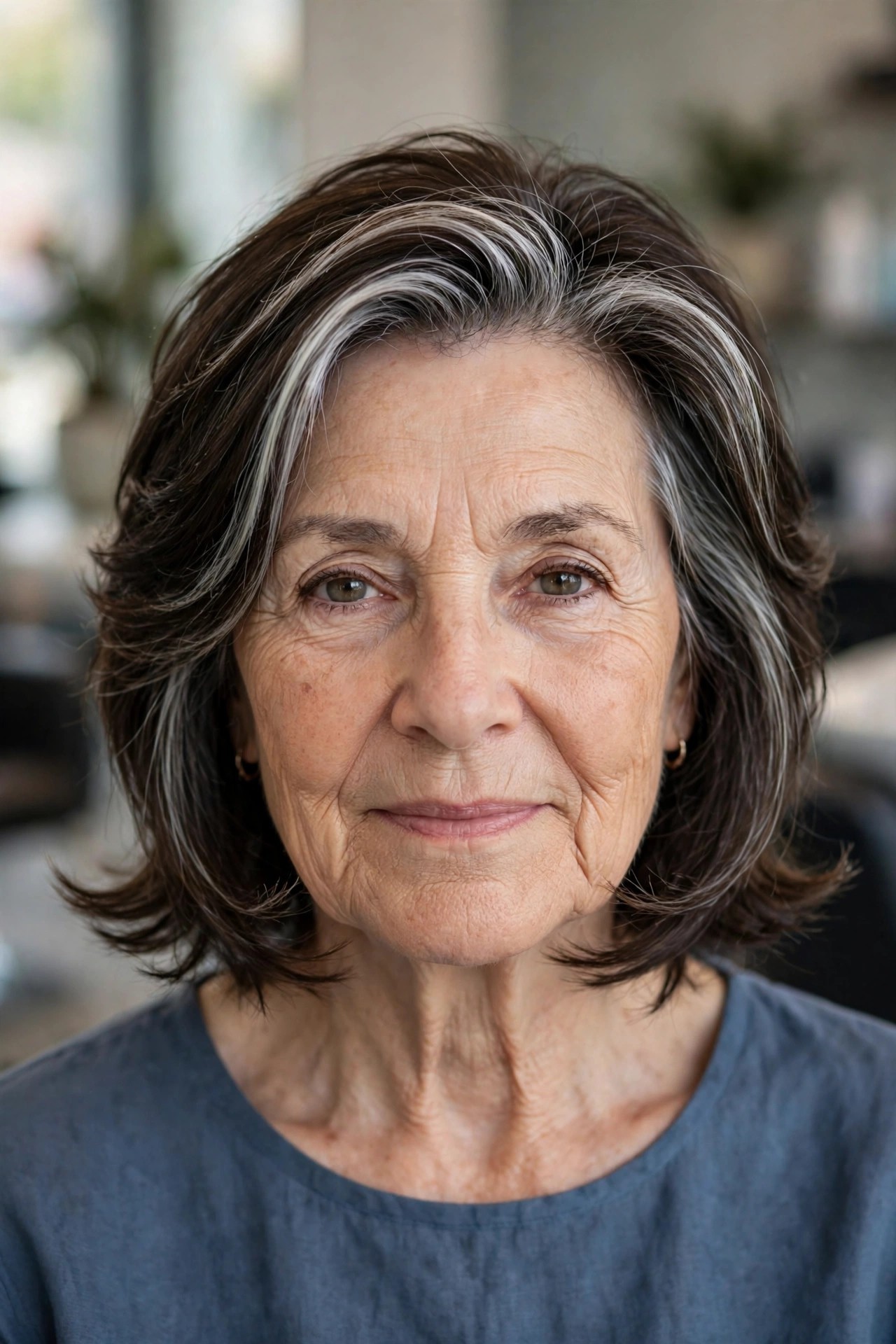 Feathered Cut with Flipped Ends and Silver Streaks - feathered haircut for a woman over 60 with volume